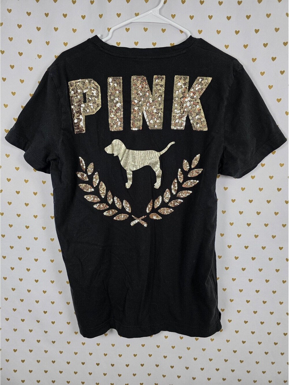 Victorias Secret PINK Gold Bling Sequined Short Sleeve Black tee shirt Large